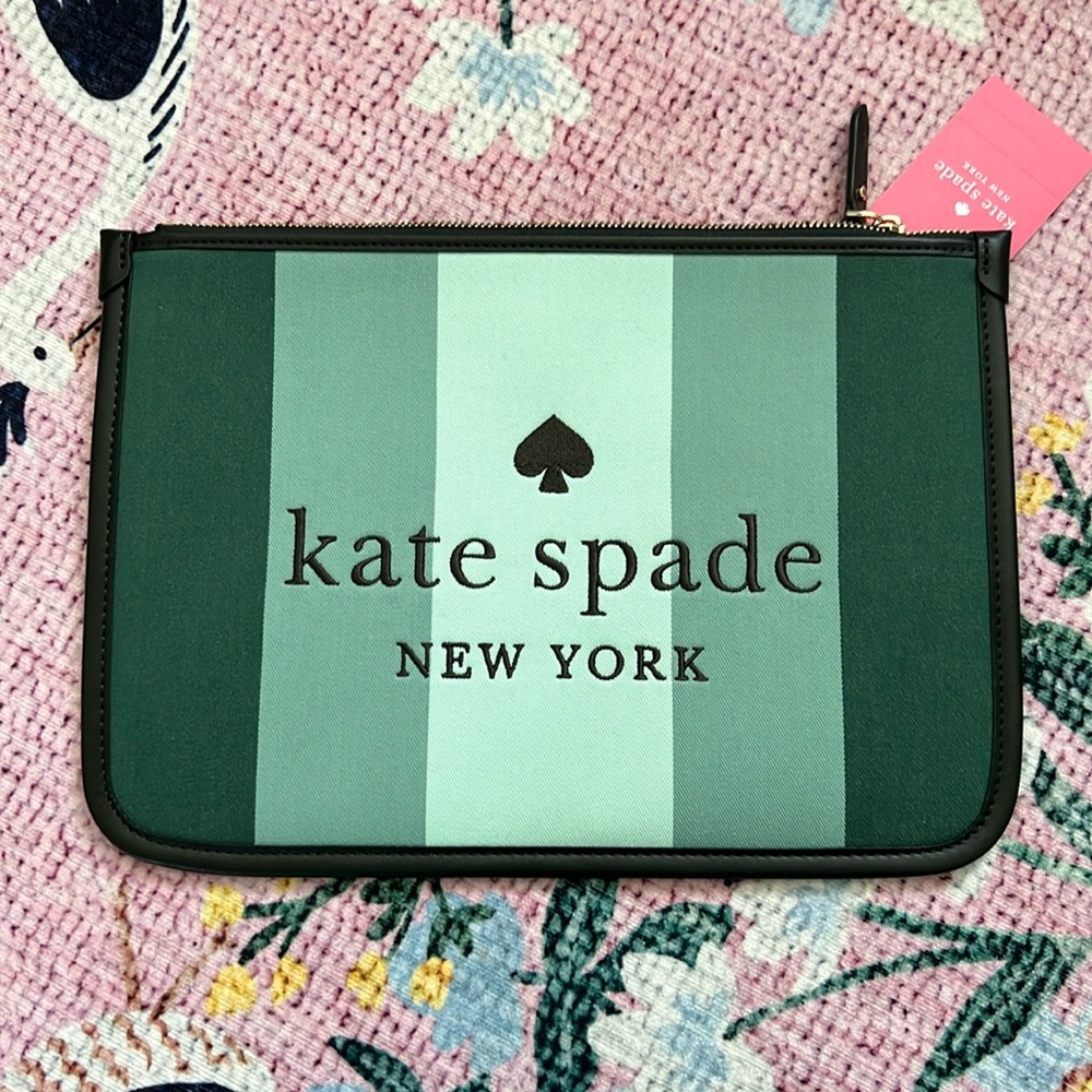 Kate Spade green ella stripe large zip pouch